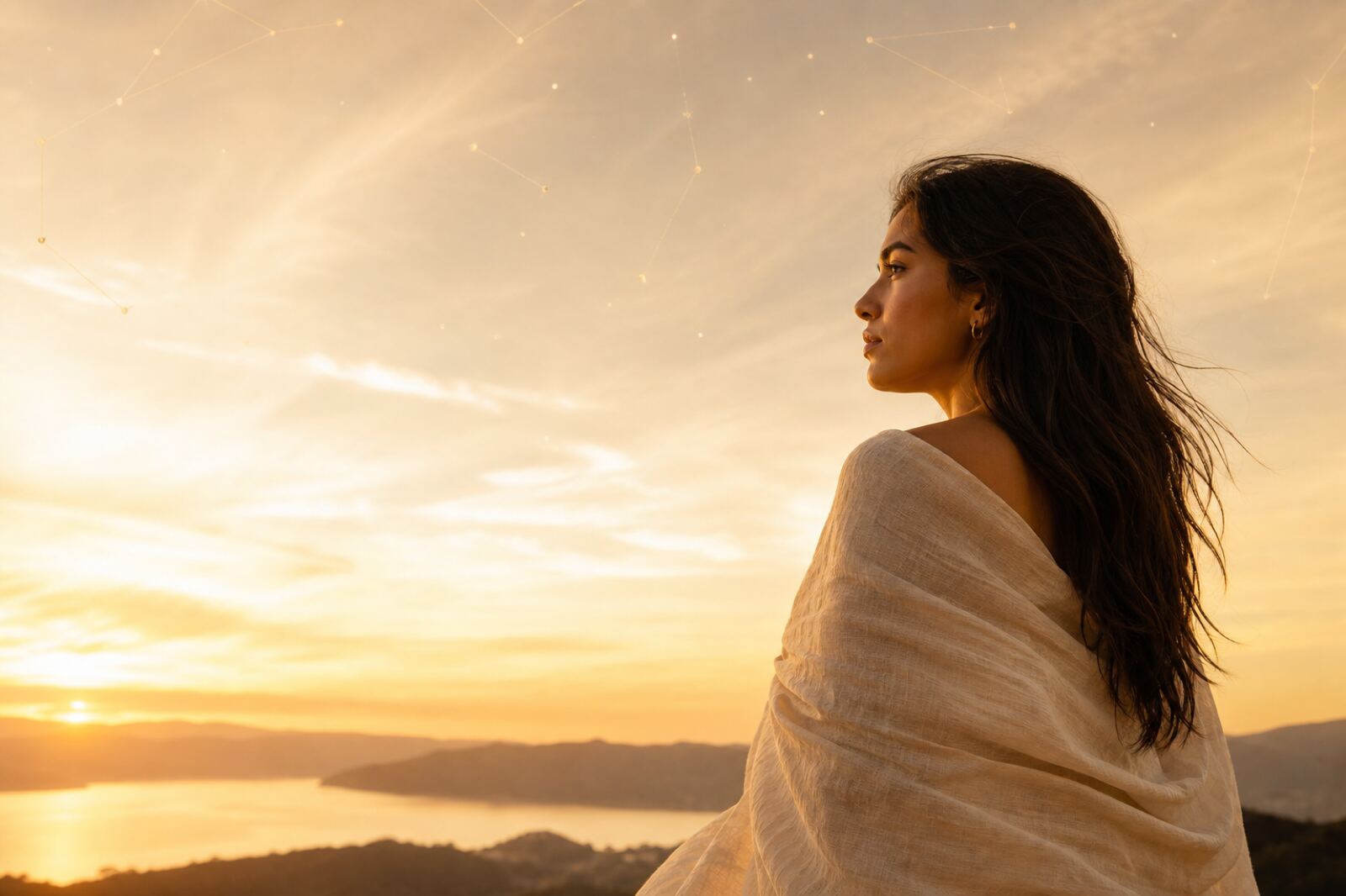 A woman gazing toward a golden-hour horizon.